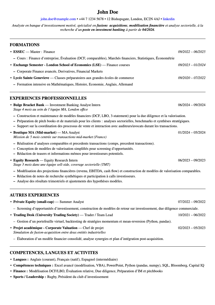 Exemple de CV finance lisible ATS