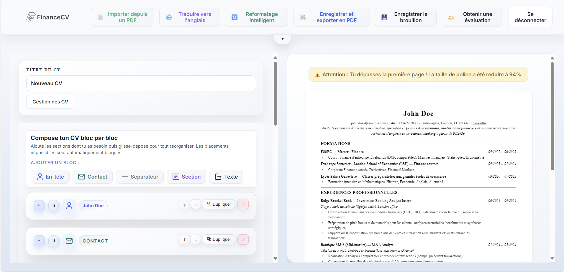Interface de création de CV en glisser-déposer